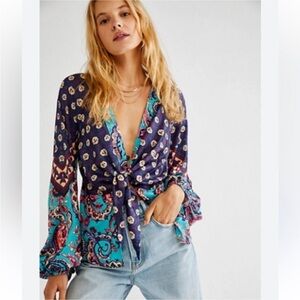 FREE PEOPLE Multi colored Multi Patterned LS Silk Blouse Sz XL TTS EUC